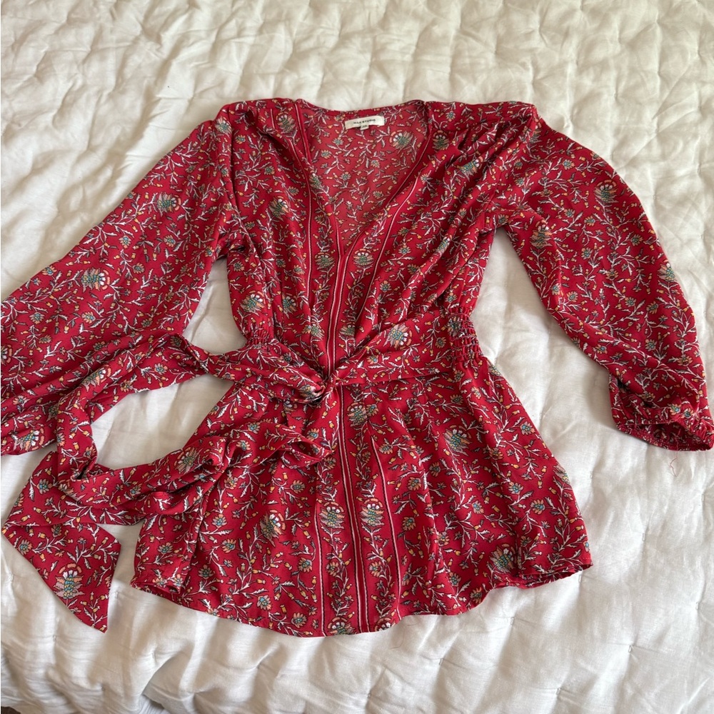 Max Studio Red Wrap Tie Front Long Sleeve Blouse